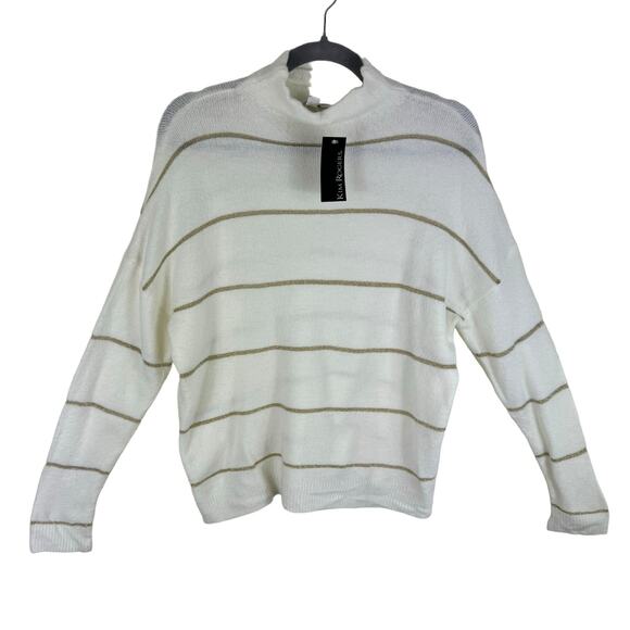 Kim Rogers NWT Cream Gold Striped Shimmer Mock Neck Pullover Sweater Size PS - Picture 1 of 6